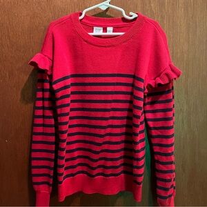 Gap Kids Striped Sweater with Ruffle Shoulder, Red, Navy